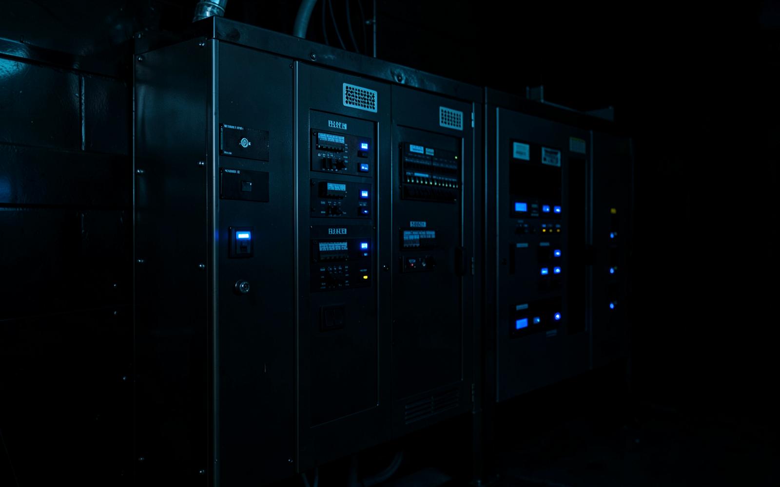 Tablero de control industrial con PLC y luces LED azules